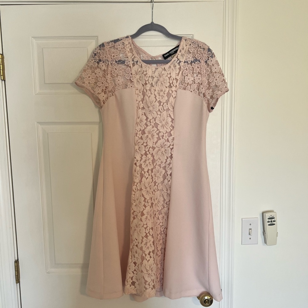 Light pink Karl Lagerfeld Dress with Floral Lace Pattern, size 8.